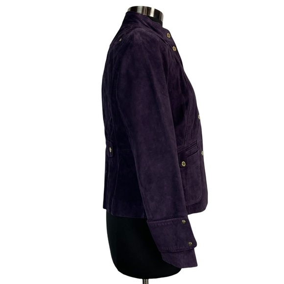 BERNARDO PURPLE SUEDE SNAP BUTTON STAND COLLAR RACING JACKET - Picture 6 of 16